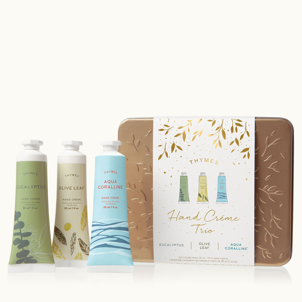Thymes Eucalyptus, Olive Leaf & Aqua Coralline Hand Creme Trio with Travel Sized Hand Creme image number 1